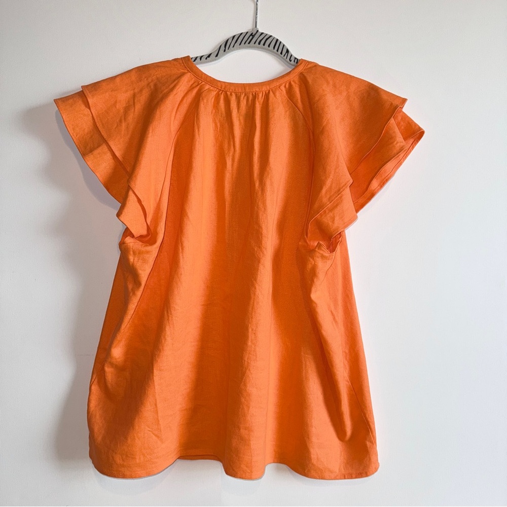 Calligraphie Orange Flutter Sleeve Split Neck Linen Blend Boho Top Size XL - Picture 2 of 4